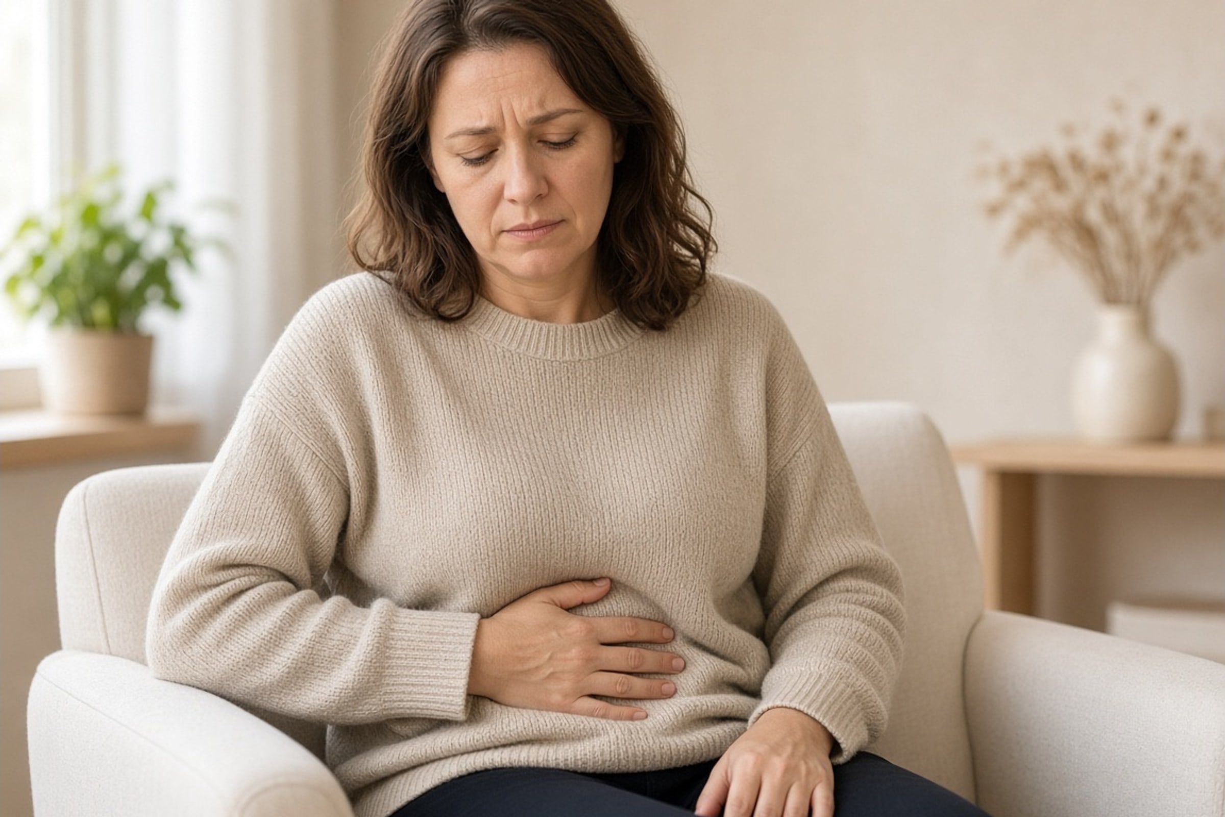A person holding their abdomen, showing digestive discomfort