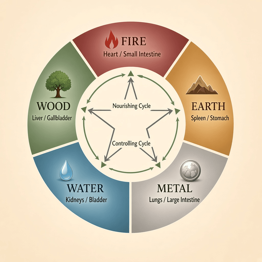 Five Elements wheel showing Wood with liver and gallbladder, Fire with heart and small intestine, Earth with spleen and stomach, Metal with lungs and large intestine, and Water with kidneys and bladder, plus the nourishing pentagon and controlling star.