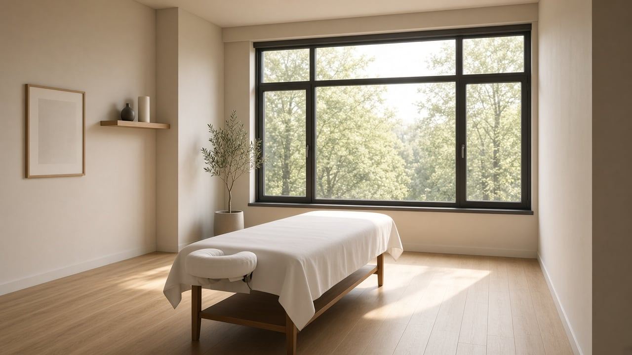 A quiet acupuncture treatment room with a linen-covered table and daylight from a large window