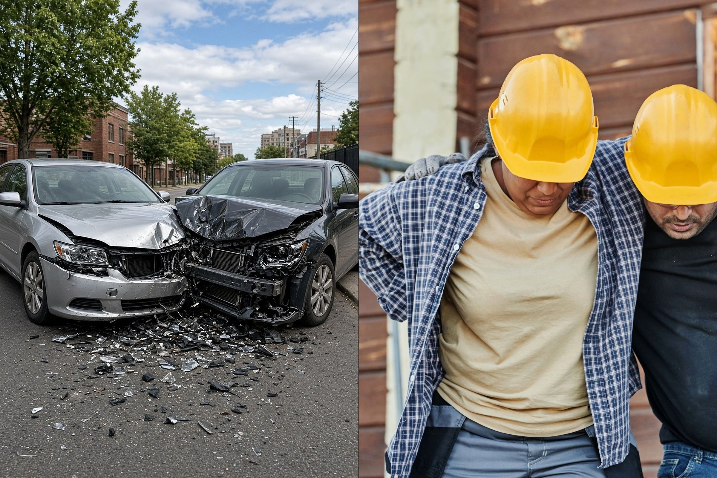 Two cars colliding on a city street beside a construction worker holding their lower back